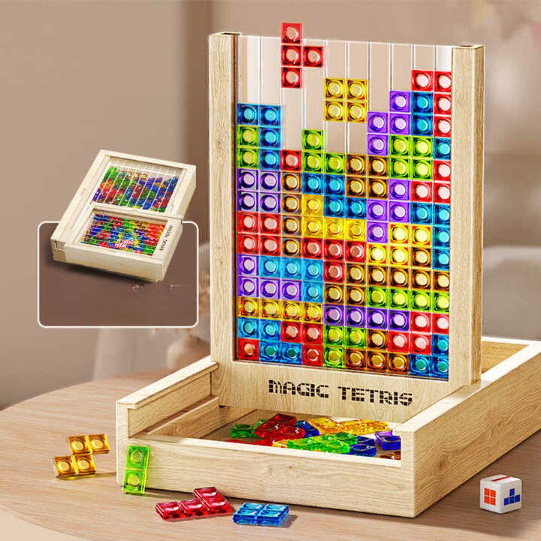 Drewniana układanka Tetris – kolorowa plansza do układania klocków z szufladką do przechowywania dla dzieci i dorosłych 3