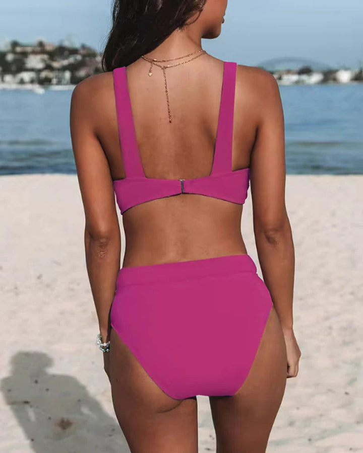Dwuczęściowy damski komplet kąpielowy bikini bez rękawów z dekoltem w serek i wysokim stanem 6