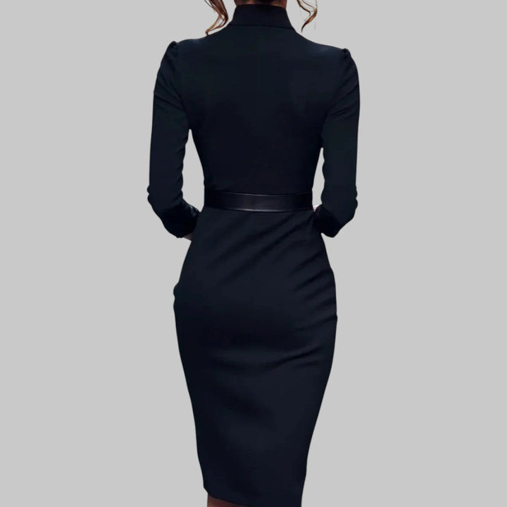 Elegancka sukienka midi z kołnierzykiem i paskiem – elegancka kreacja do biura i na wieczór 
