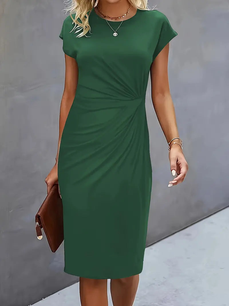 Women's Midi Dress | Fitted Cut | Short Sleeves with Round Neckline | Elegant