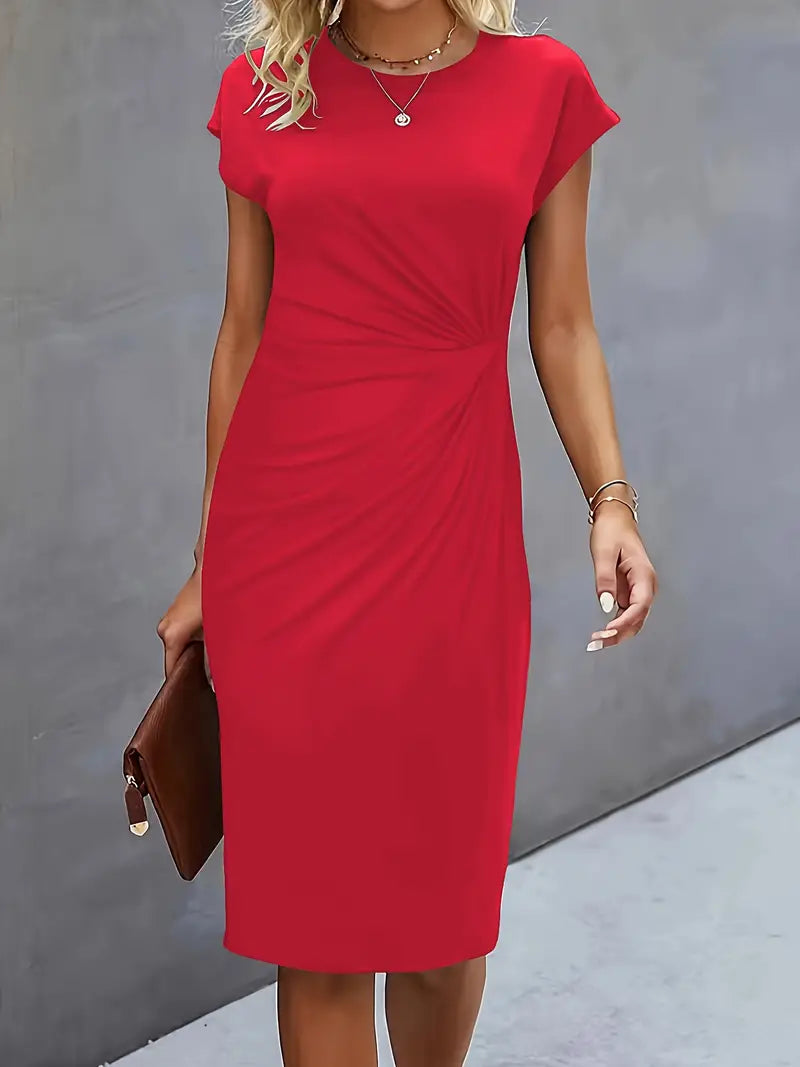 Women's Midi Dress | Fitted Cut | Short Sleeves with Round Neckline | Elegant