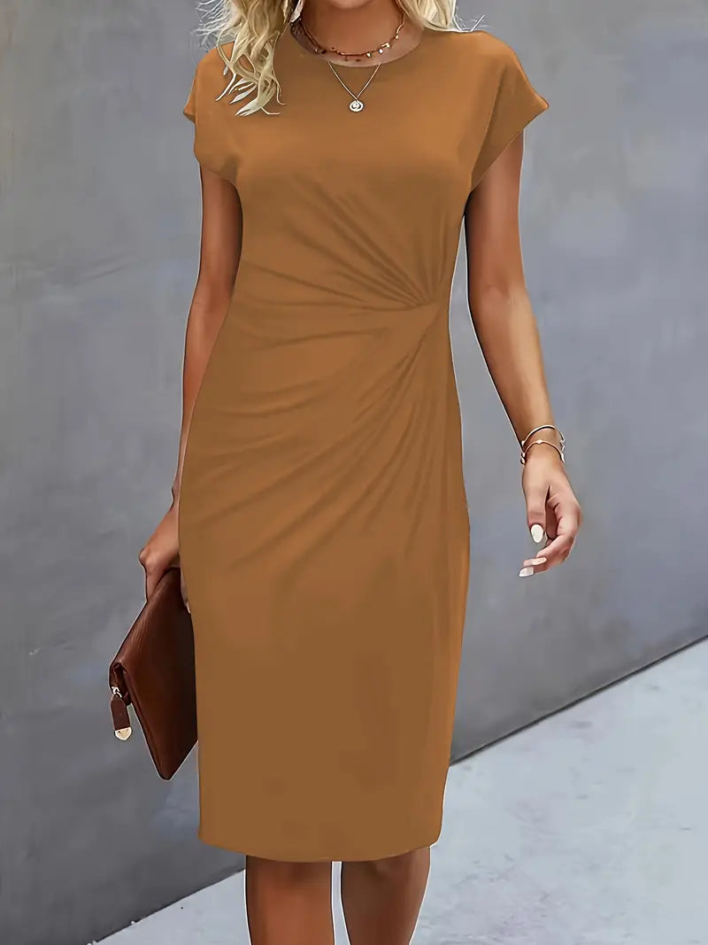 Women's Midi Dress | Fitted Cut | Short Sleeves with Round Neckline | Elegant