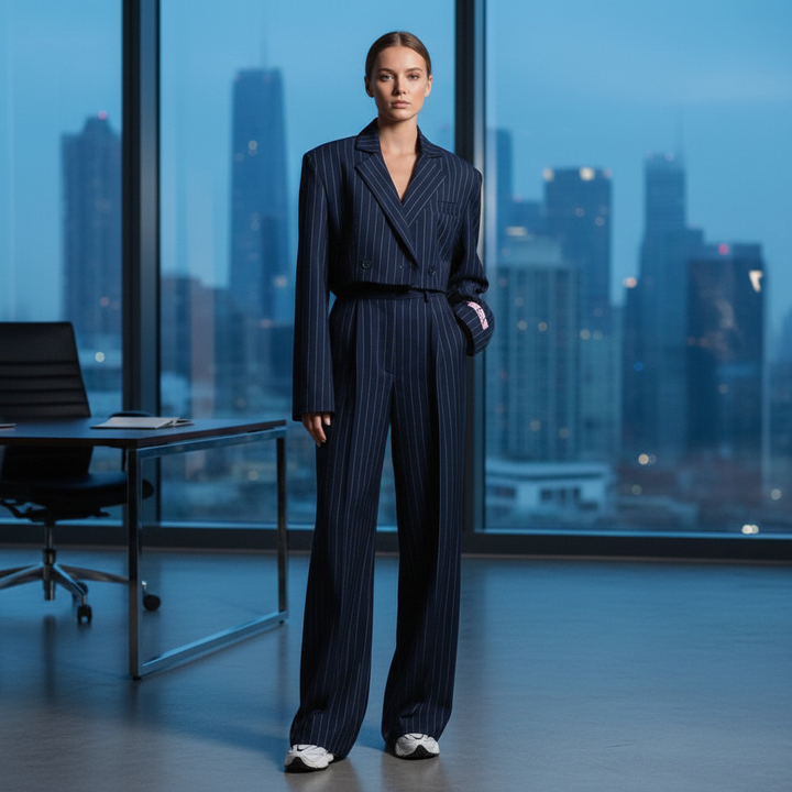 Women's Set Blazer and Striped Pants Fitted Cut Wide Leg | Office Wear