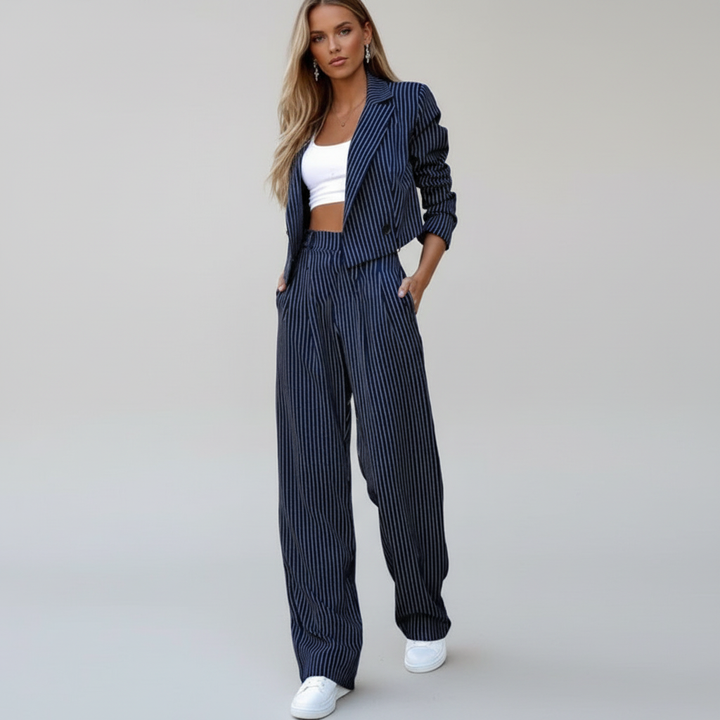 Women's Set Blazer and Striped Pants Fitted Cut Wide Leg | Office Wear