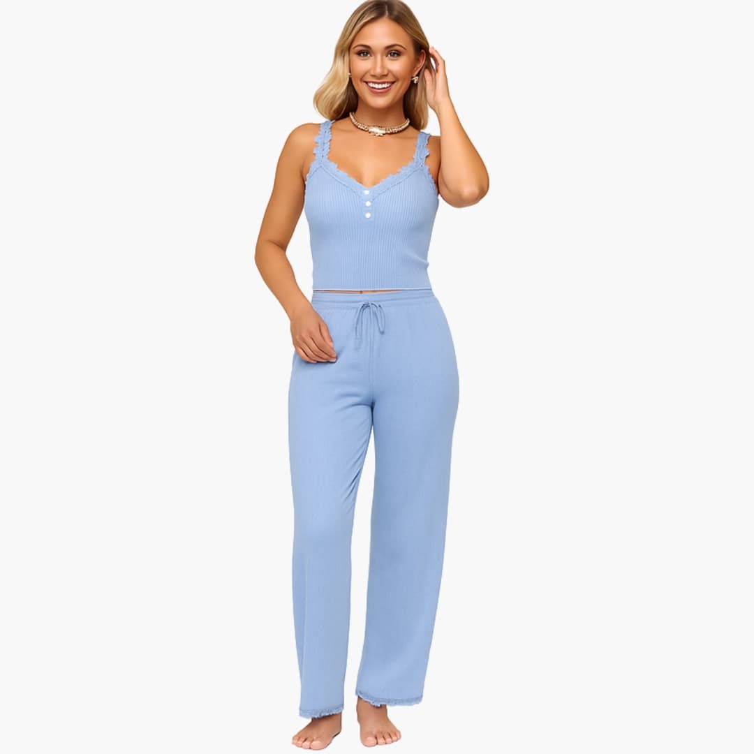 Women's Pajama Set with Lace | Spaghetti Strap Top and Long Pants | Comfortable Home Style