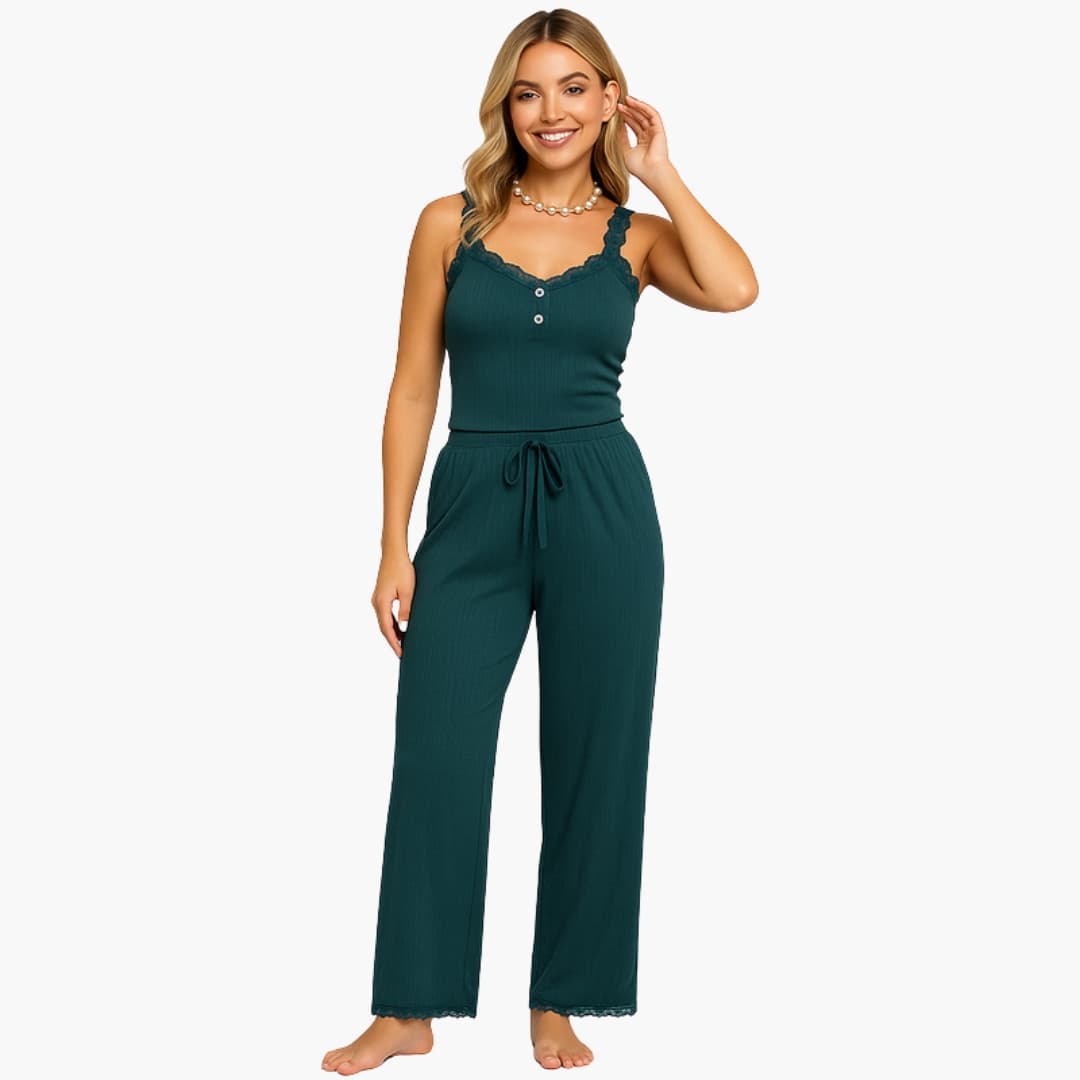 Women's Pajama Set with Lace | Spaghetti Strap Top and Long Pants | Comfortable Home Style