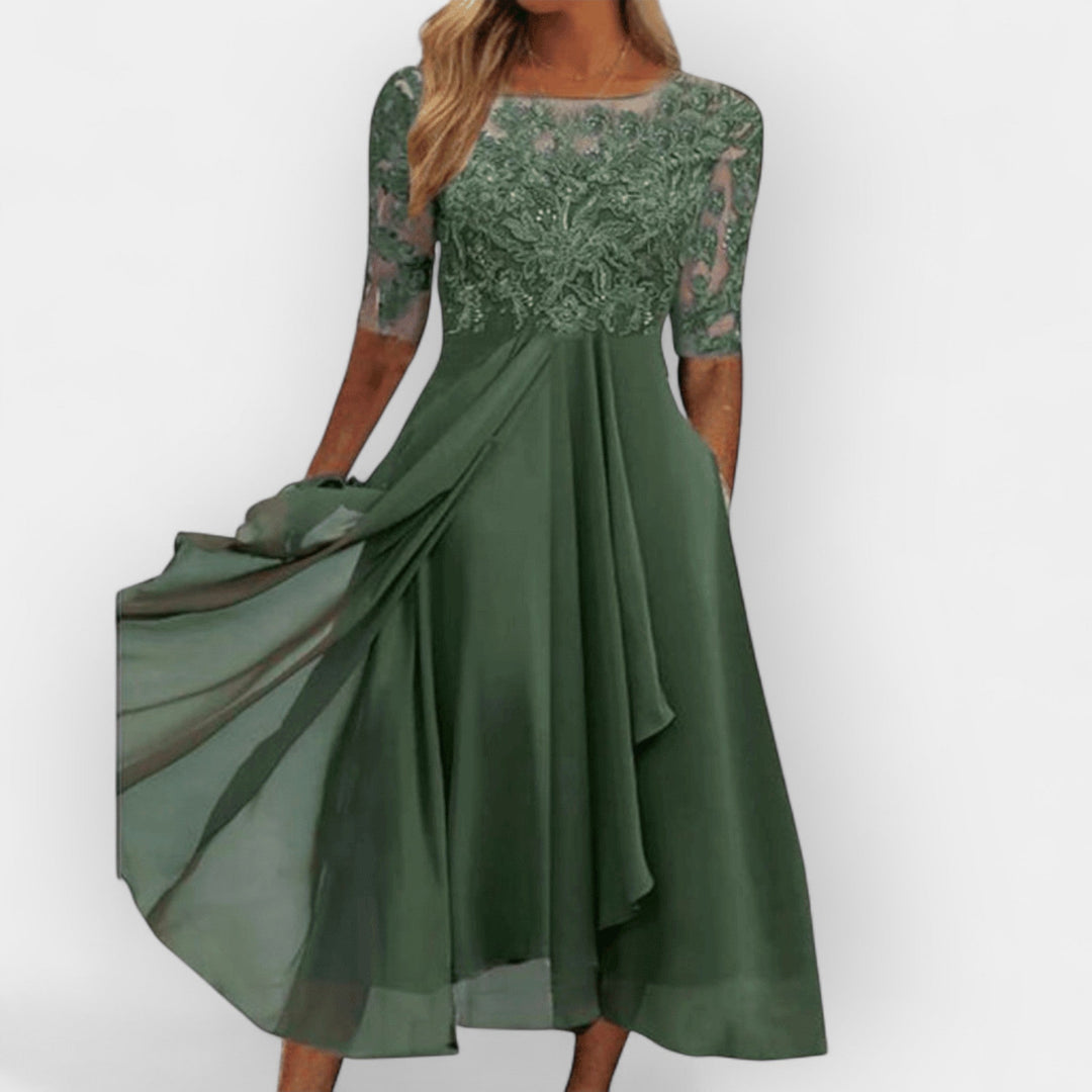 Zofia | Women's Midi Dress with Lace Trim and Flared Silhouette