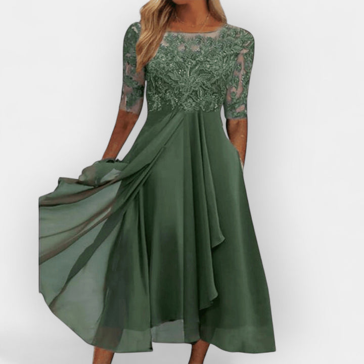 Zofia | Women's Midi Dress with Lace Trim and Flared Silhouette