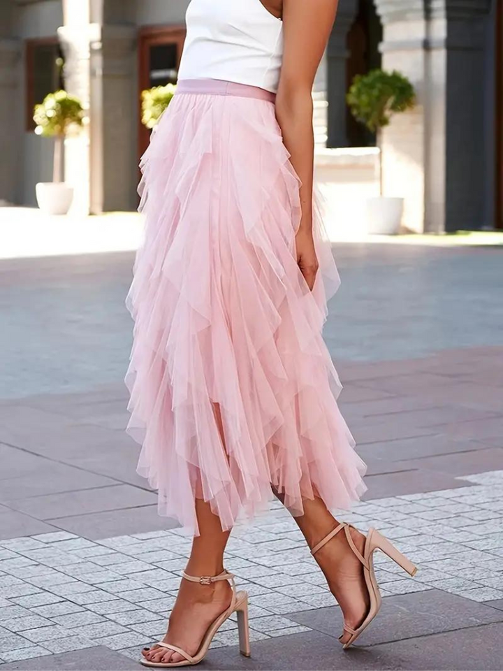 Damska Spódnica Midi | Luźny Krój | Warstwowy Tiul z Elastyczną Talią | Elegancki Styl