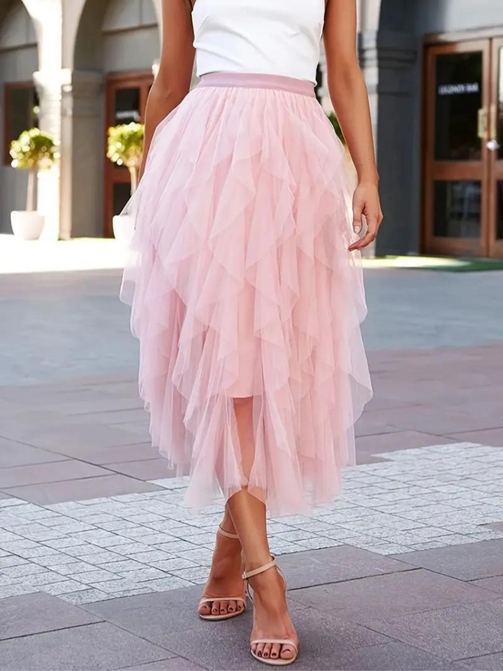 Damska Spódnica Midi | Luźny Krój | Warstwowy Tiul z Elastyczną Talią | Elegancki Styl