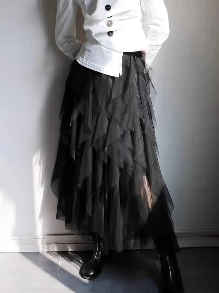 Damska Spódnica Midi | Luźny Krój | Warstwowy Tiul z Elastyczną Talią | Elegancki Styl