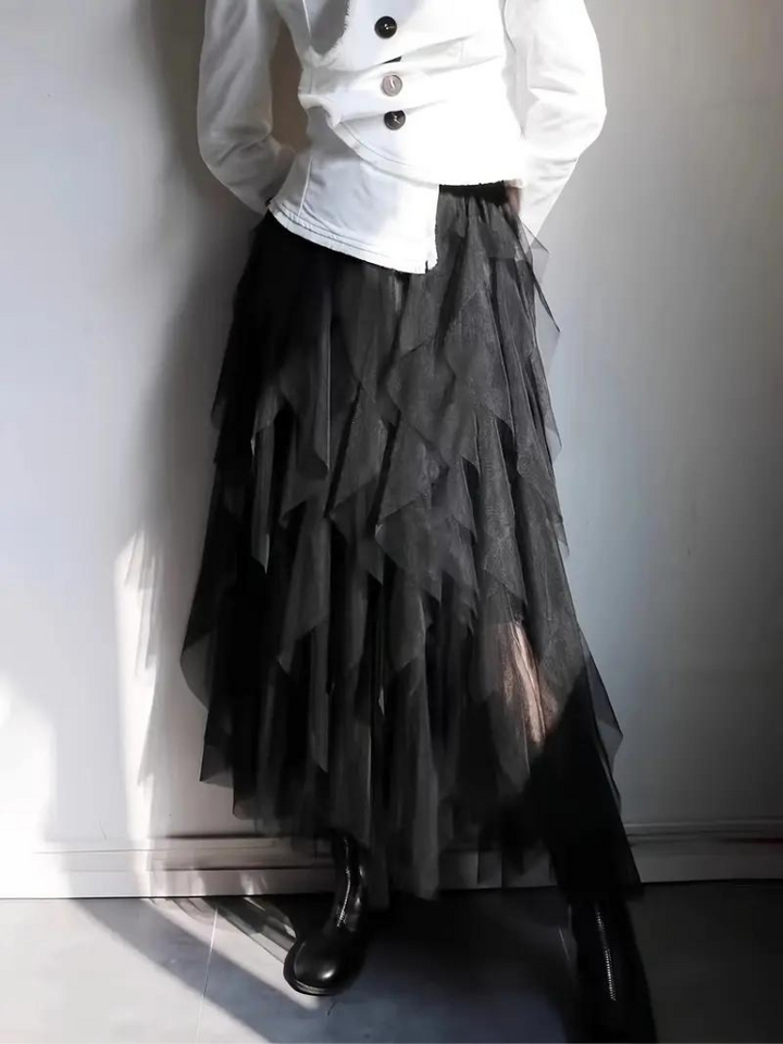 Damska Spódnica Midi | Luźny Krój | Warstwowy Tiul z Elastyczną Talią | Elegancki Styl