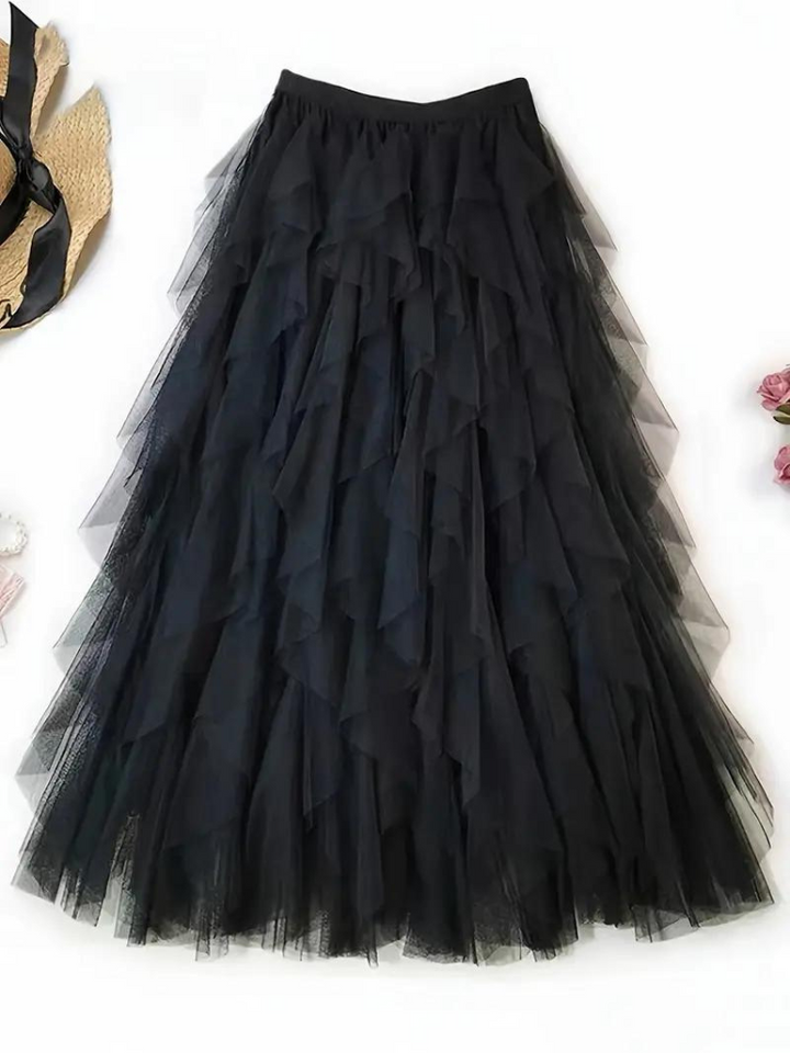 Damska Spódnica Midi | Luźny Krój | Warstwowy Tiul z Elastyczną Talią | Elegancki Styl