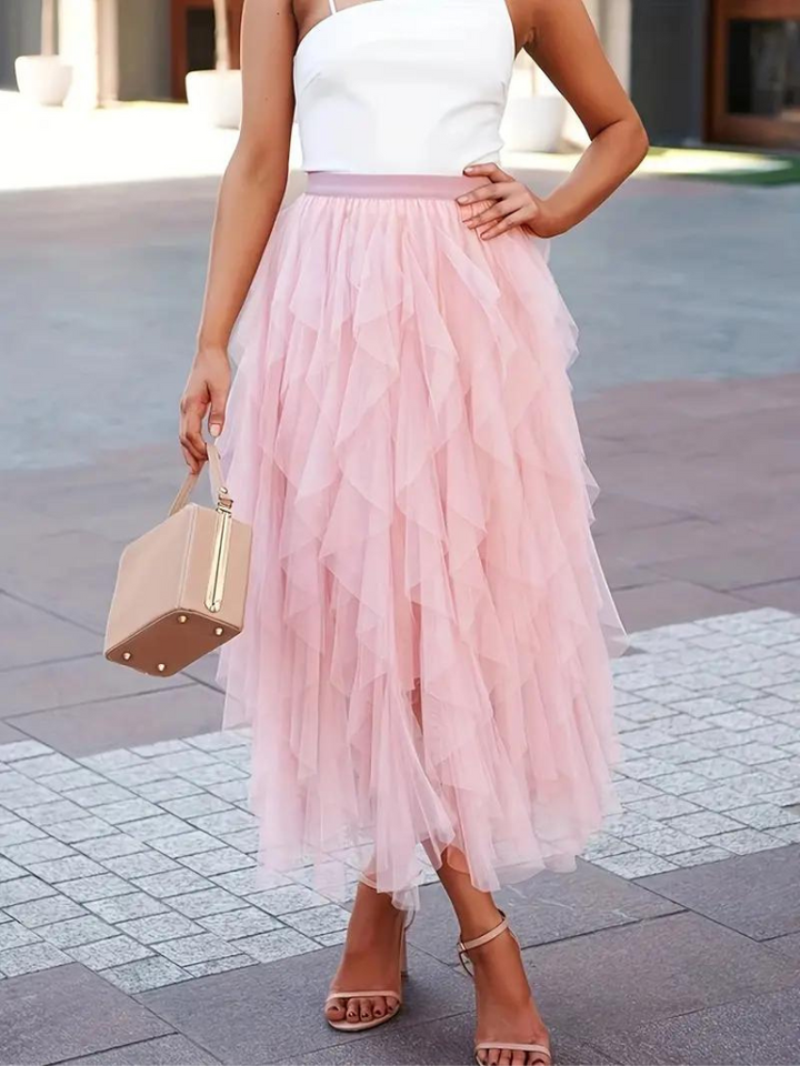 Damska Spódnica Midi | Luźny Krój | Warstwowy Tiul z Elastyczną Talią | Elegancki Styl
