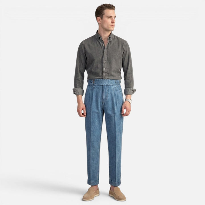 Men’s Everyday Denim-Style Trousers with Pleats and Straight Legs