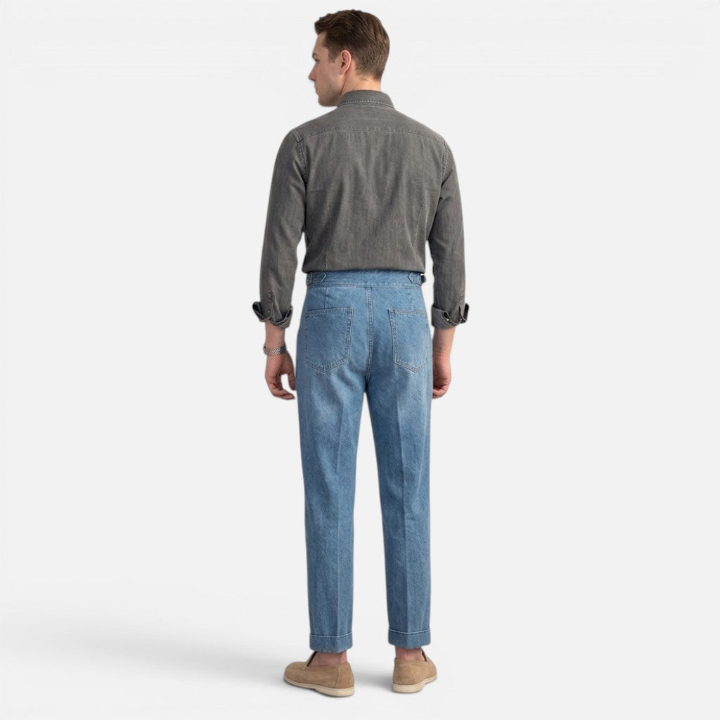 Men’s Everyday Denim-Style Trousers with Pleats and Straight Legs