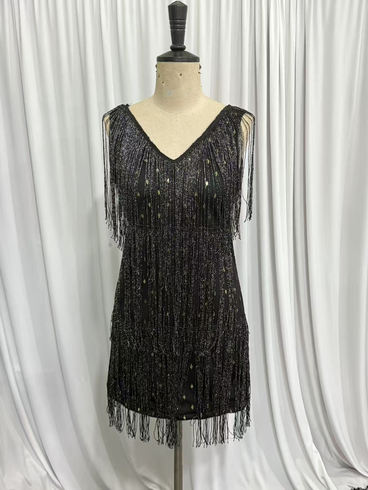 Women's Mini Dress | V-Neckline | Shiny Fringes | Party Style