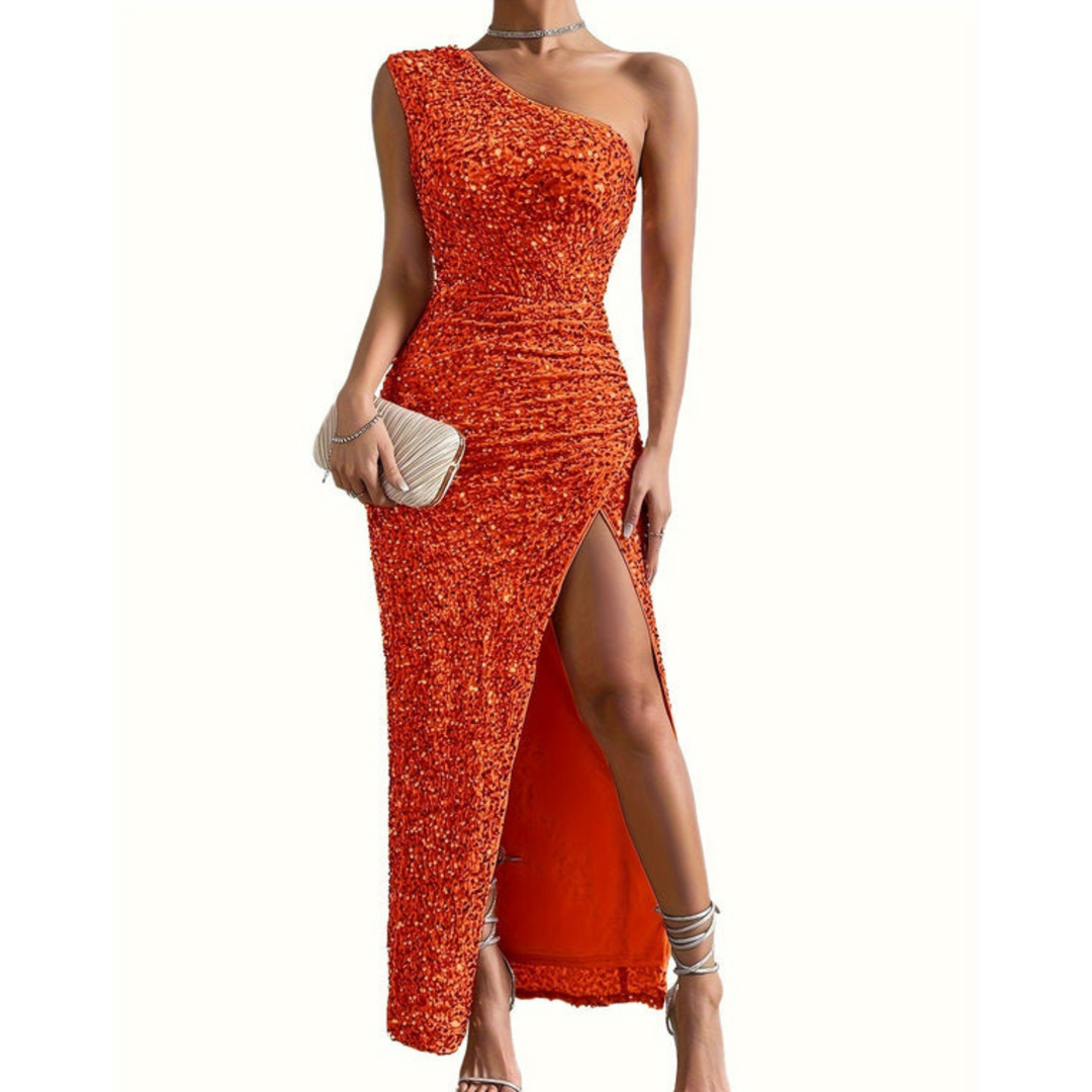 Women's One-Shoulder Evening Dress | High Slit and Shiny Finish | Glamour for Special Occasions