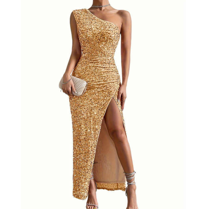 Women's Midi Evening Dress | Fitted Cut | One-Shoulder with Slit | Elegant Style