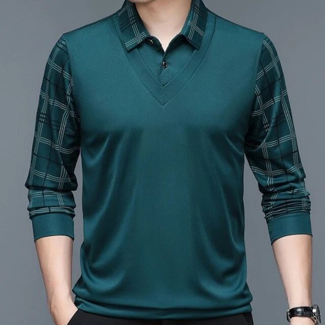 Men's Long Sleeve Shirt with Checkered Sleeves | Casual Style