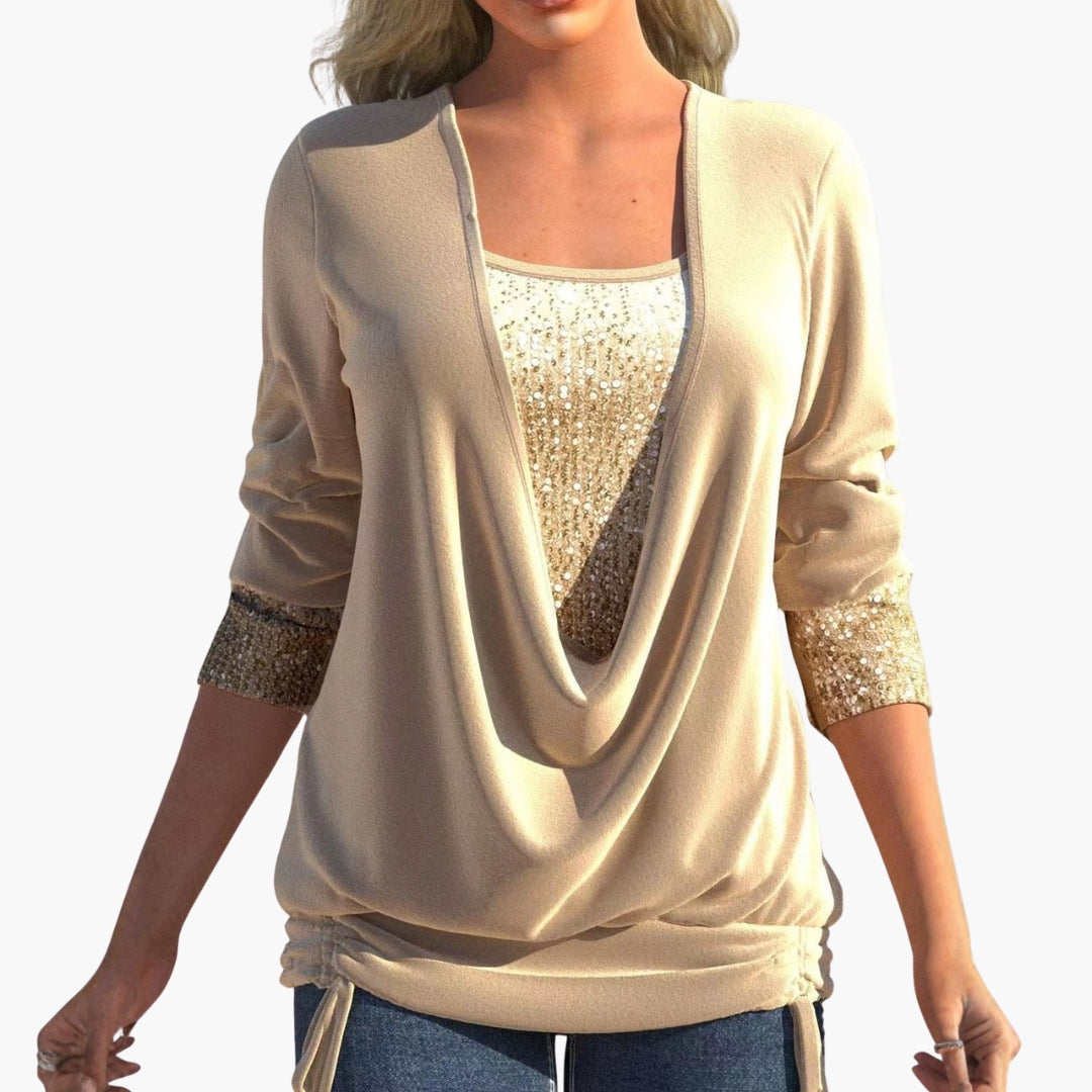 Damski Top z Cekinami i Drapowanym Dekoltem | Partywear