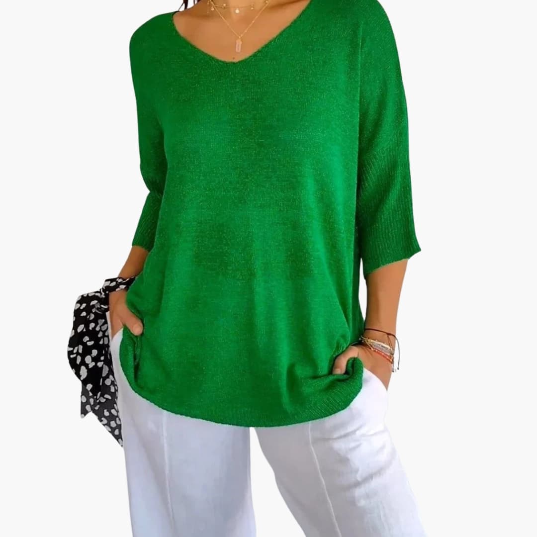 Women's Knit V-Neck Top Loose Fit 3/4 Sleeve | Knitwear