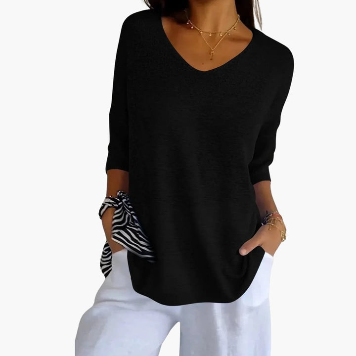 Women's Knit V-Neck Top Loose Fit 3/4 Sleeve | Knitwear