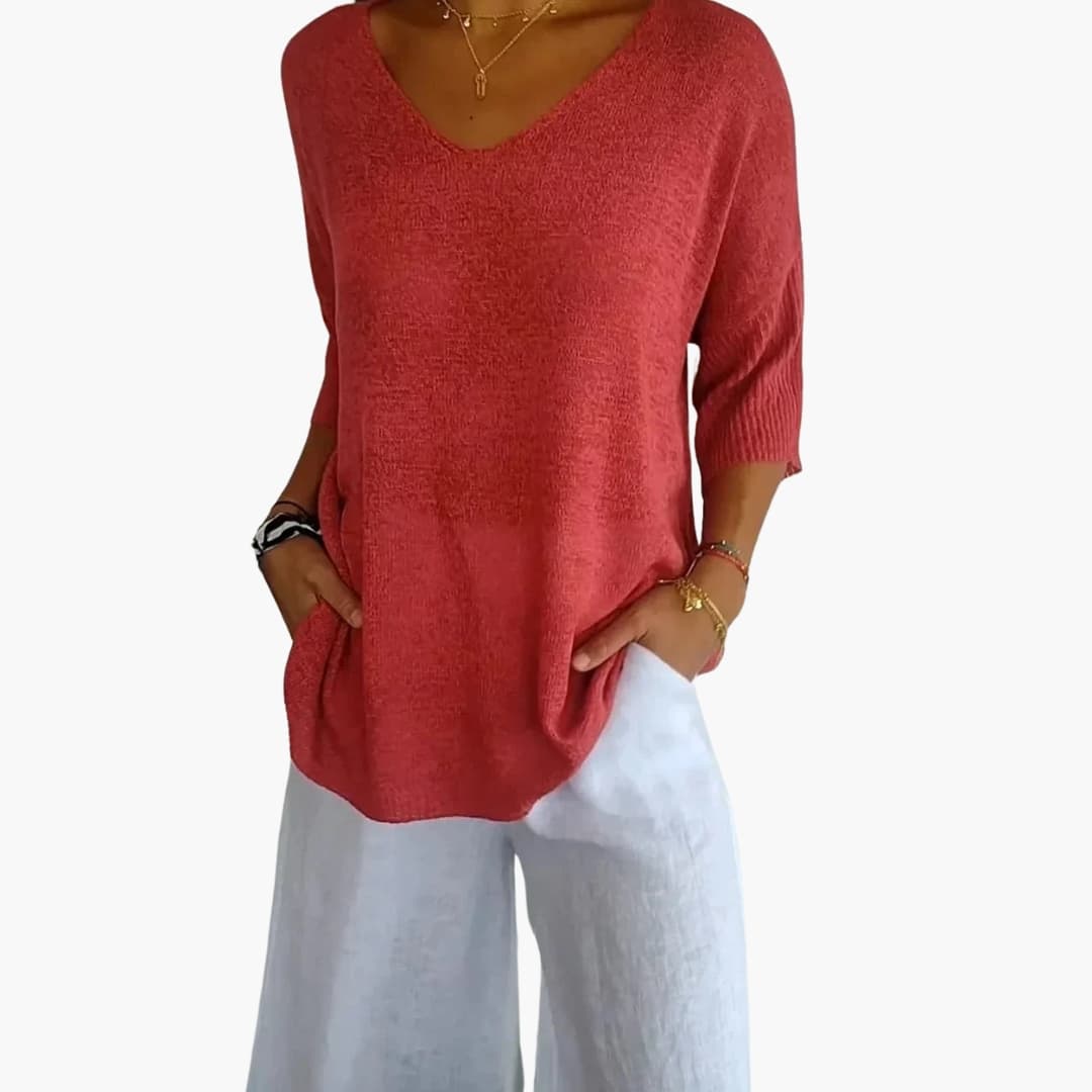 Women's Knit V-Neck Top Loose Fit 3/4 Sleeve | Knitwear