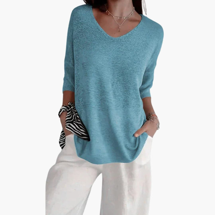 Women's Knit V-Neck Top Loose Fit 3/4 Sleeve | Knitwear