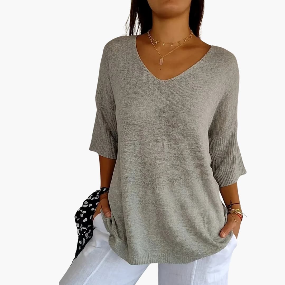 Women's Knit V-Neck Top Loose Fit 3/4 Sleeve | Knitwear