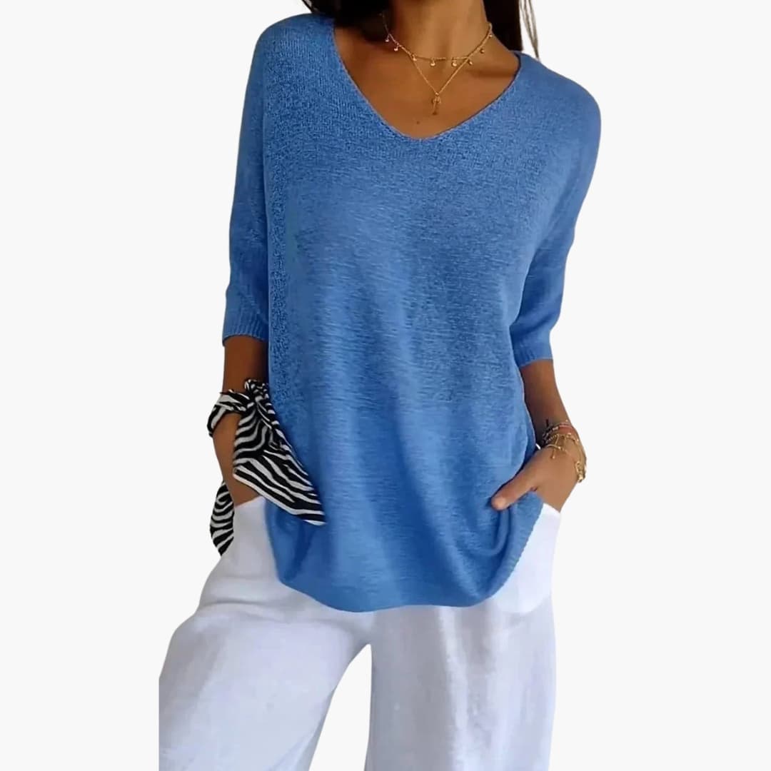 Women's Knit V-Neck Top Loose Fit 3/4 Sleeve | Knitwear