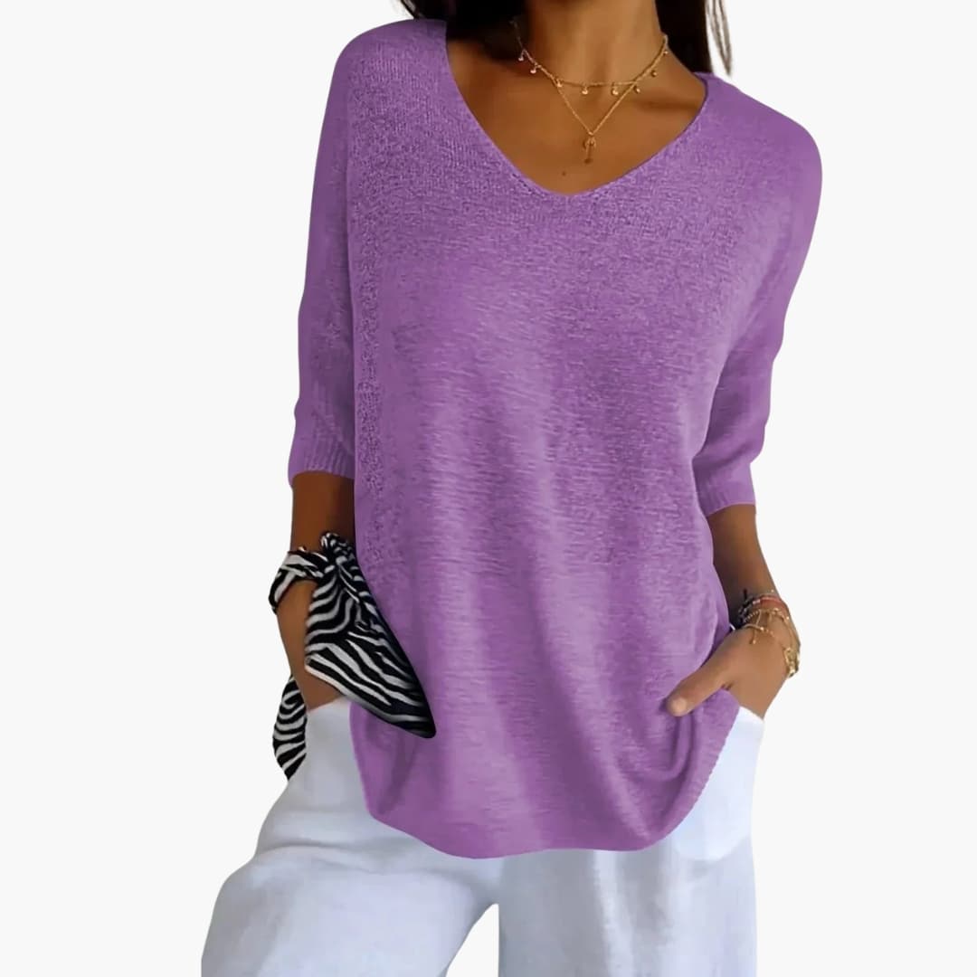 Women's Knit V-Neck Top Loose Fit 3/4 Sleeve | Knitwear