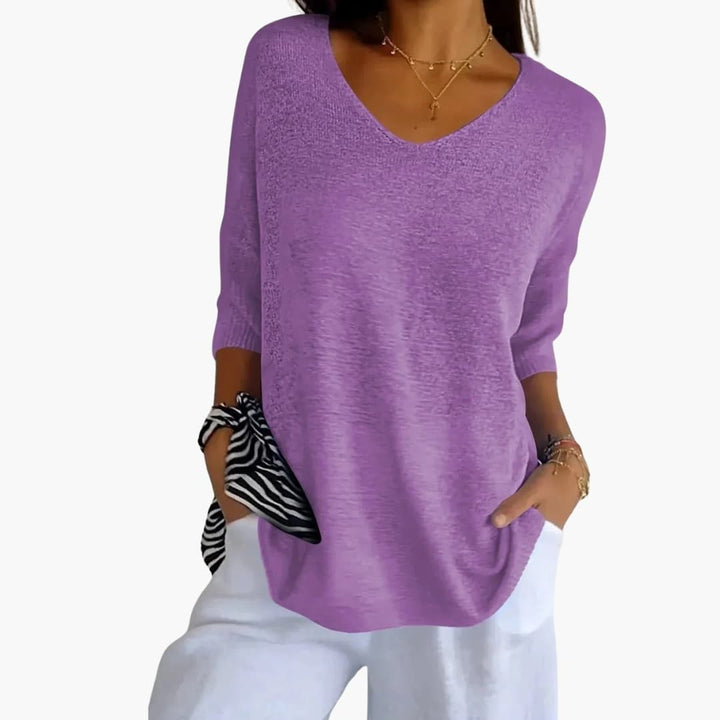 Women's Knit V-Neck Top Loose Fit 3/4 Sleeve | Knitwear