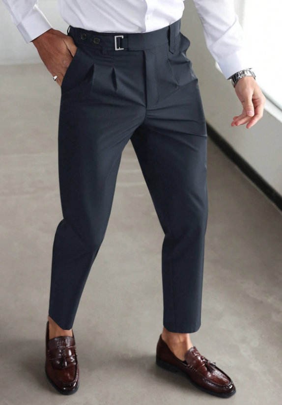 Men's Slim Fit Trousers with Front Pleats and Waist Buckle | Elegant Pants