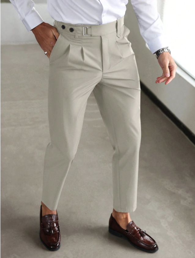 Men's Slim Fit Trousers with Front Pleats and Waist Buckle | Elegant Pants