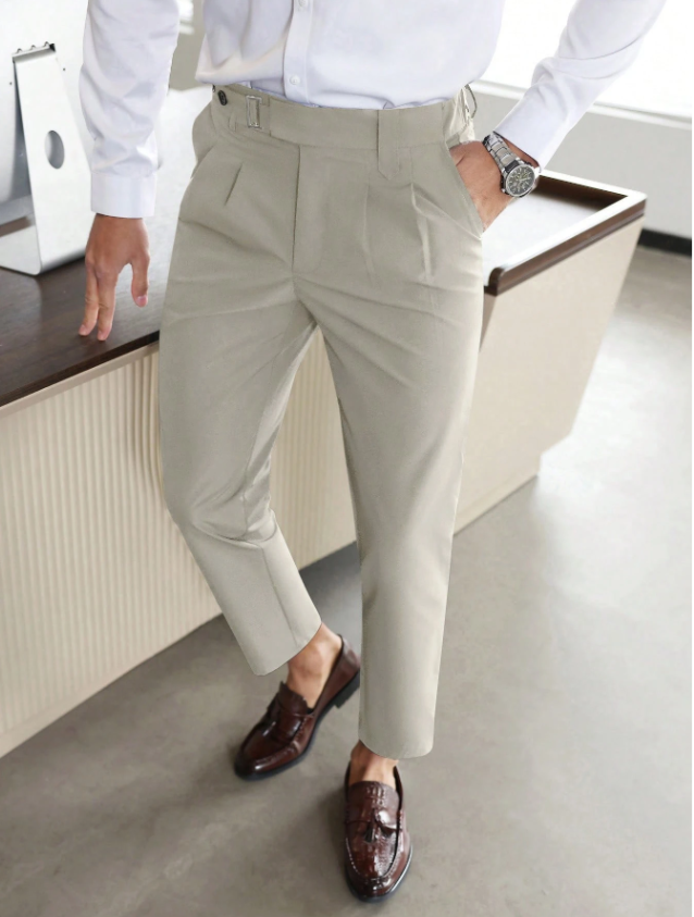 Men's Slim Fit Trousers with Front Pleats and Waist Buckle | Elegant Pants