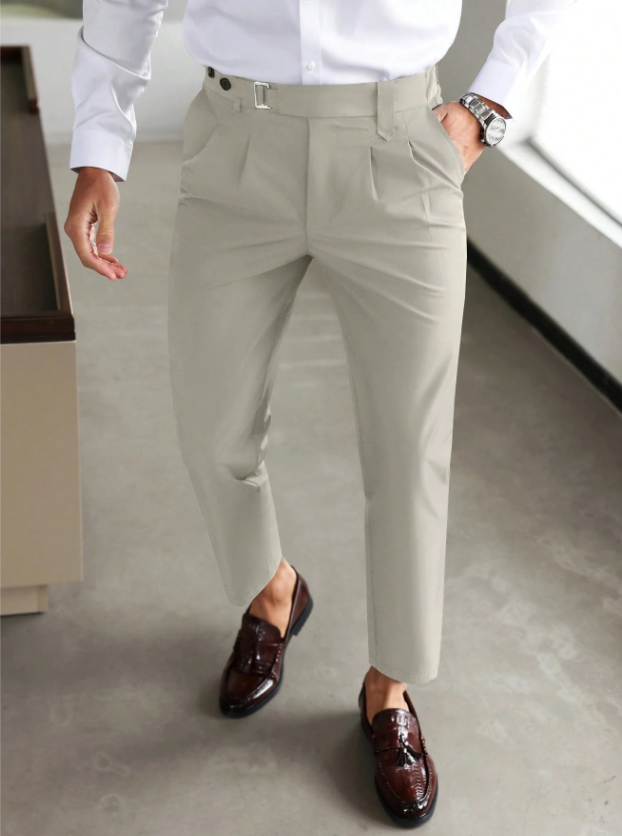 Men's Slim Fit Trousers with Front Pleats and Waist Buckle | Elegant Pants