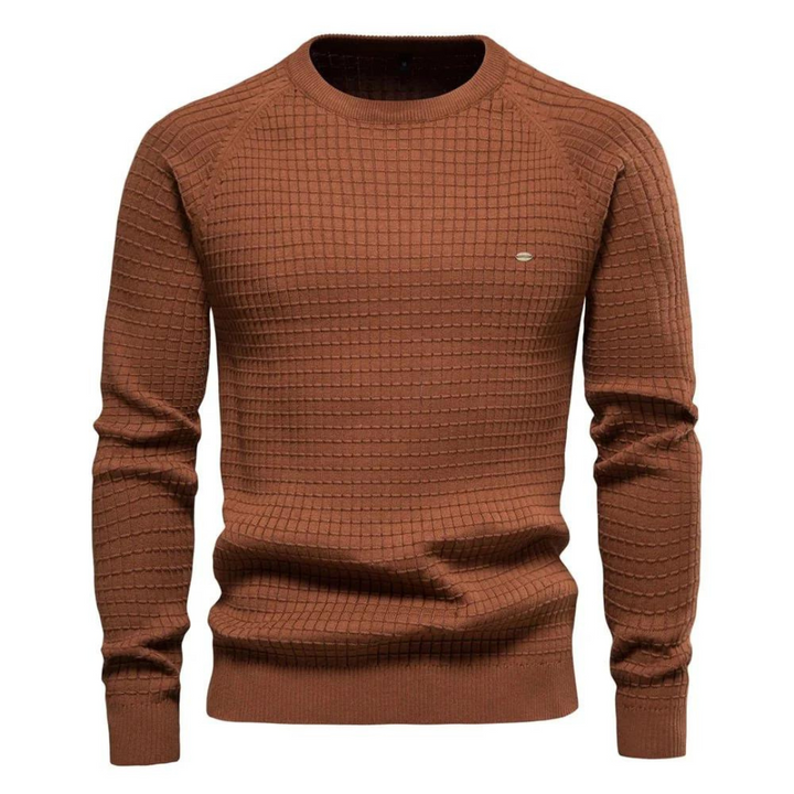 Felix | Męski Sweter o Regularnym Kroju z Wafelkową Fakturą i Okrągłym Dekoltem