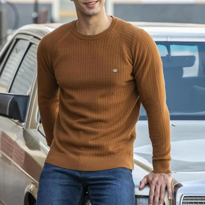 Felix | Męski Sweter o Regularnym Kroju z Wafelkową Fakturą i Okrągłym Dekoltem