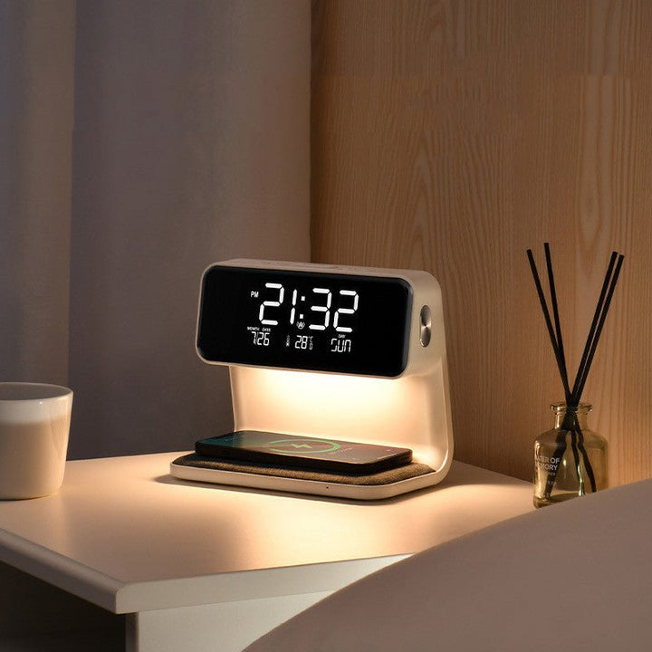 Inteligentny cyfrowy budzik z bezprzewodową ładowarką i nastrojowym światłem nocnym – budzik nocny dla smartfonów z obsługą Qi 0
