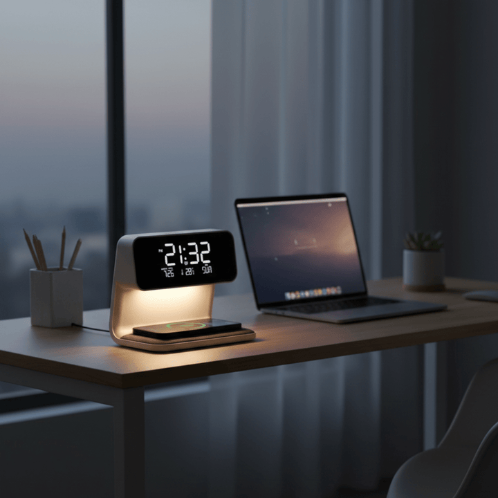 Inteligentny cyfrowy budzik z bezprzewodową ładowarką i nastrojowym światłem nocnym – budzik nocny dla smartfonów z obsługą Qi 1