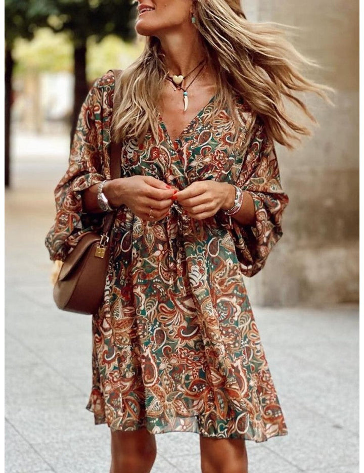 Women's Mini Dress | Loose Fit | Long Sleeves with V-Neck | Boho