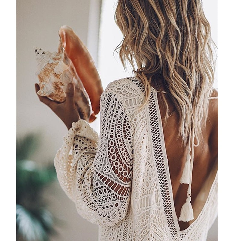 Women's Boho Dress | Loose Fit | Lace Long Sleeves | Openwork Style