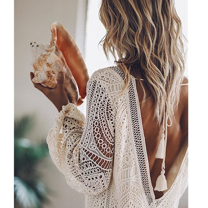 Women's Boho Dress | Loose Fit | Lace Long Sleeves | Openwork Style