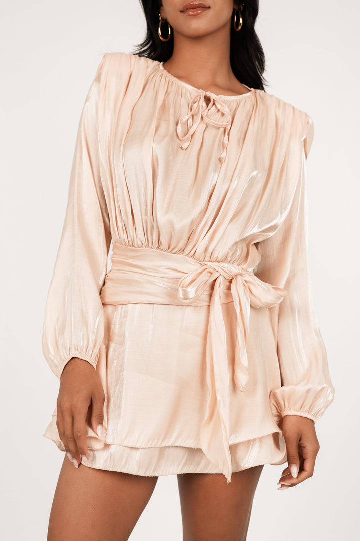 Women's Long Sleeve Dress with Round Neckline and Waist Tie | Mini