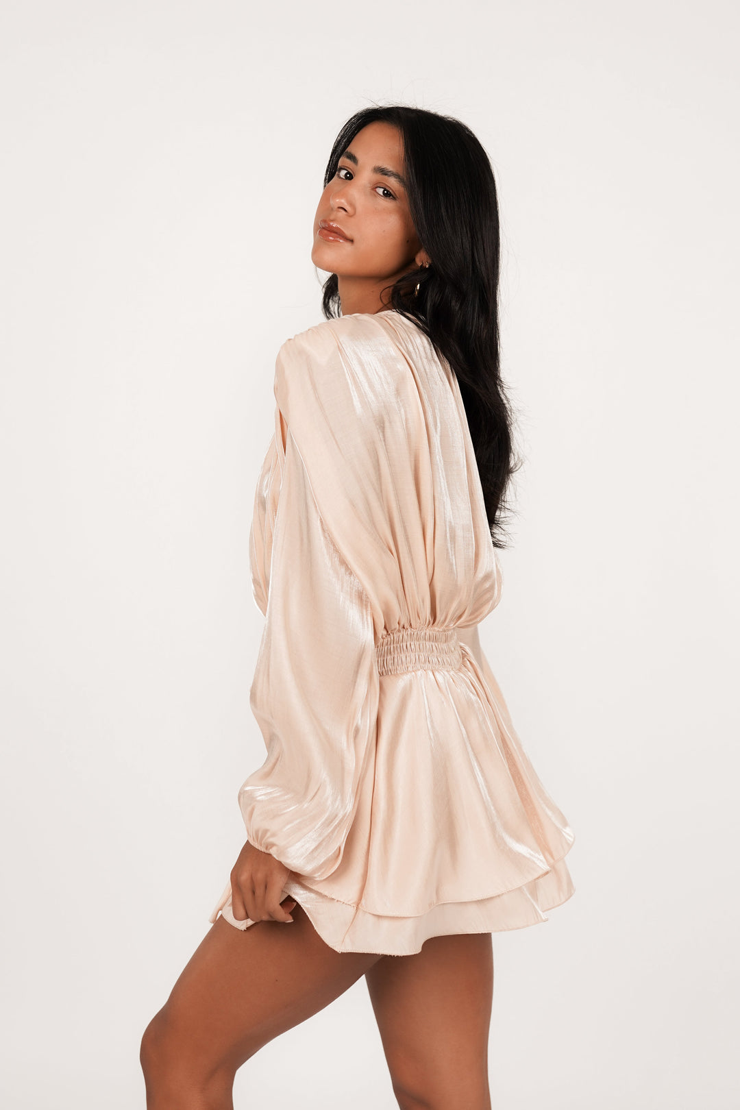 Women's Long Sleeve Dress with Round Neckline and Waist Tie | Mini