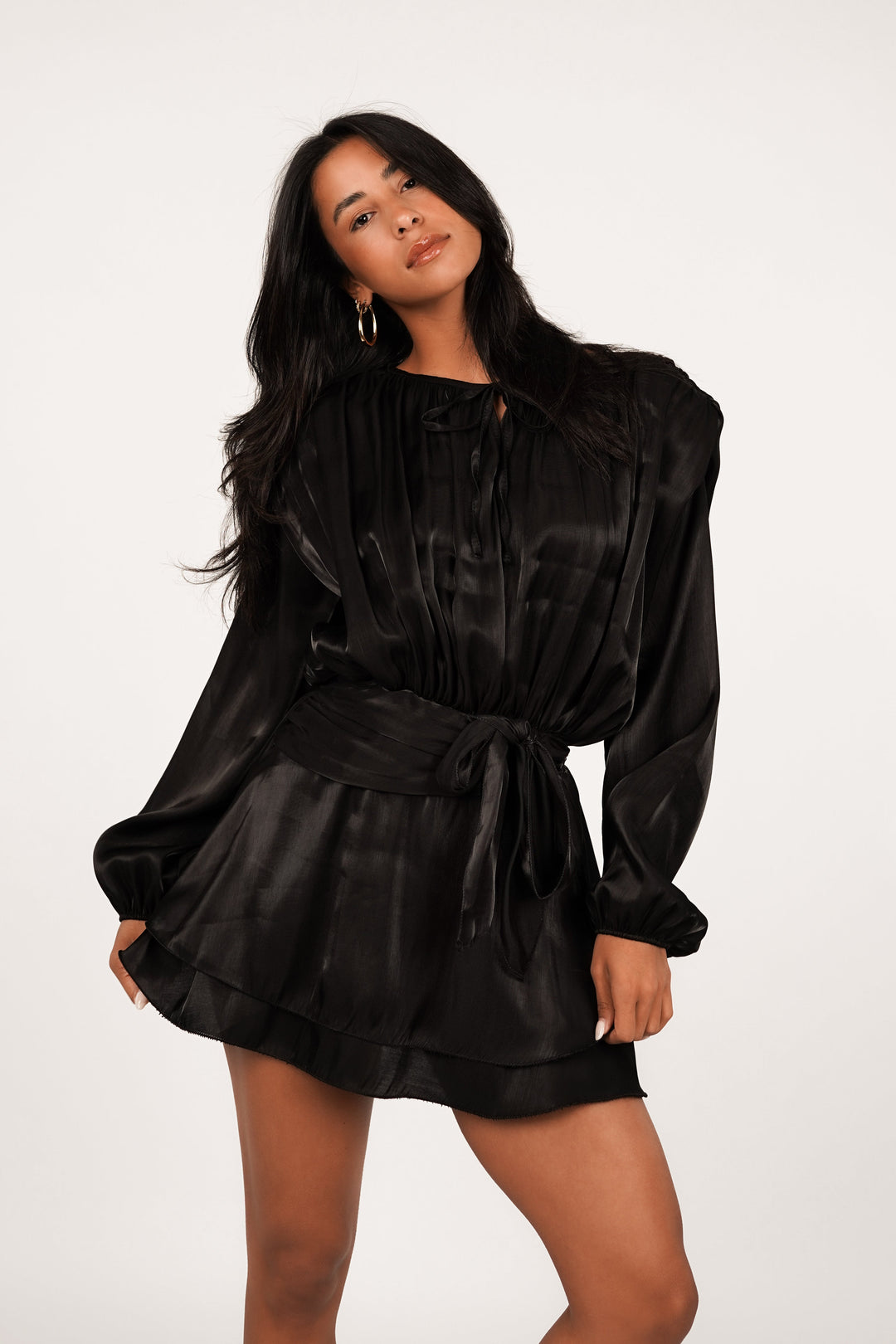 Women's Long Sleeve Dress with Round Neckline and Waist Tie | Mini