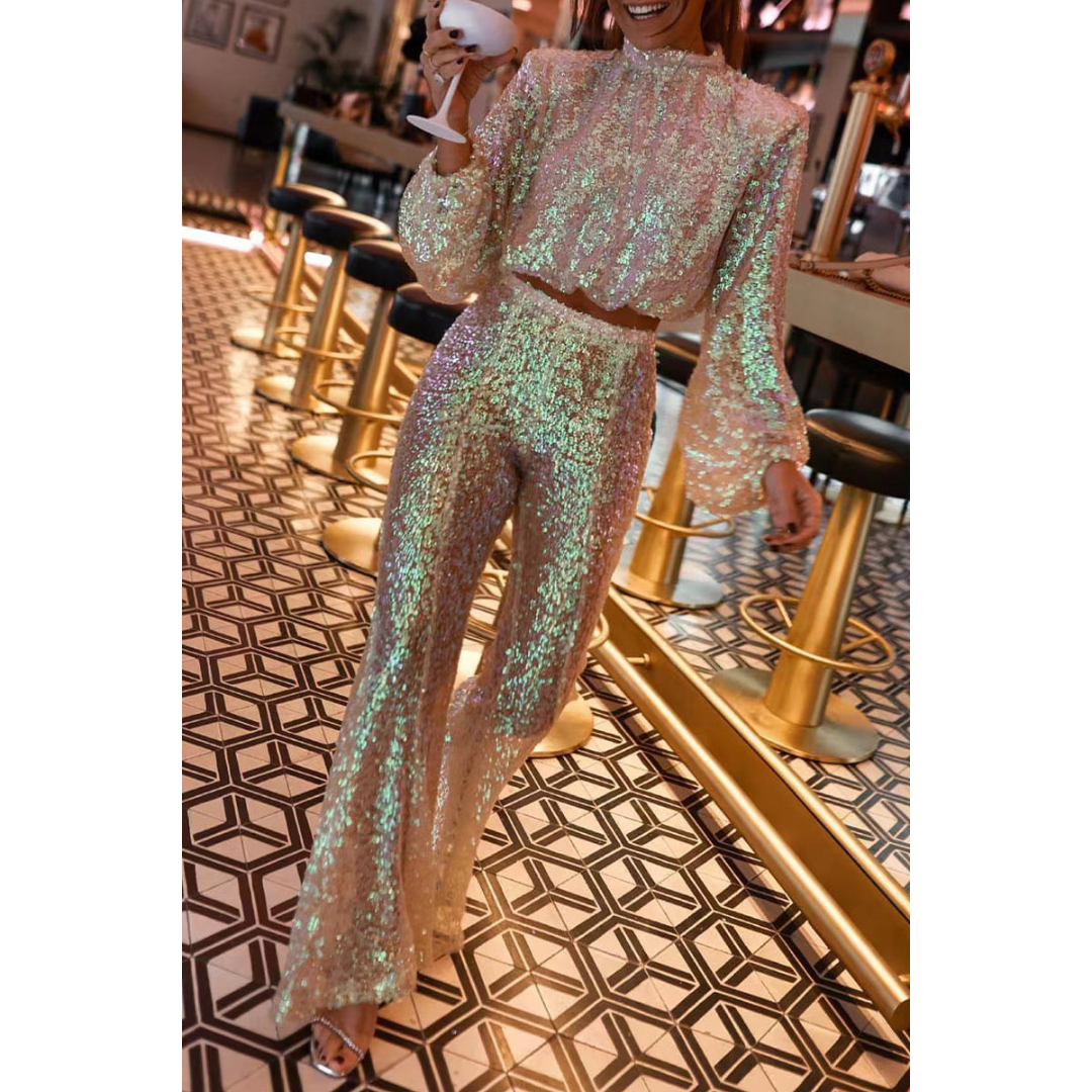 Komplet damski z długim rękawem i stójką, dopasowany krój | Cekiny 1