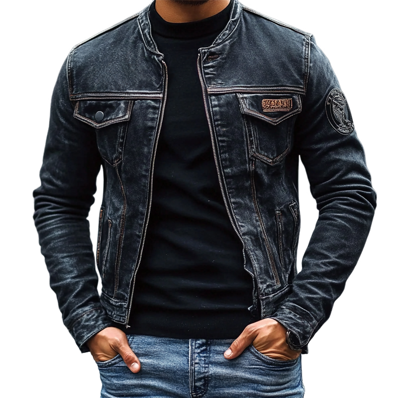 Męska kurtka dżinsowa hadrian vintage washed w ciemnym kolorze z efektem distressed i kontrastowymi srebrnymi zamkami