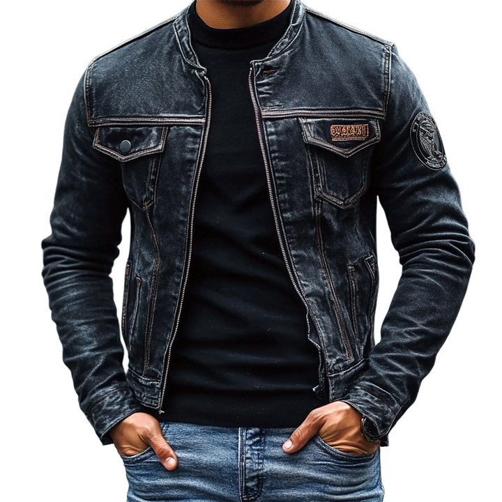 Męska kurtka dżinsowa hadrian vintage washed w ciemnym kolorze z efektem distressed i kontrastowymi srebrnymi zamkami